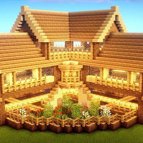 This is a house made primarily of wood blocks, with inspiration from perfect symmetry, creating luxury when looking at it. Pillars are made from oak log blocks, supporting the oak plank flooring. The roof of 3 floors is made from an oak stair, with a lighter border color from the birch stair block. Pretty Minecraft, Minecraft Blueprint, Mansion Minecraft, Villa Minecraft, Mobs Minecraft, Survival Minecraft, Construction Minecraft, Survival House, Case Minecraft