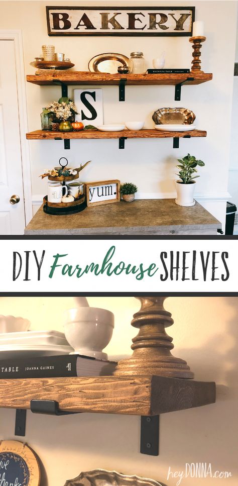 DIY Farmhouse Shelves - Make your own farmhouse inspired shelves for your kitchen #bathroomshelves Diy Farmhouse Shelves, Farmhouse Shelves Diy, Farmhouse Kitchen Shelves, Farmhouse Side Table, Farmhouse Shelves, Farmhouse Remodel, Diy Farmhouse Decor, Farmhouse Style Kitchen, Farmhouse Furniture