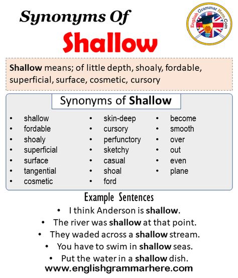 Synonyms Of Shallow, Shallow Synonyms Words List, Meaning and Example Sentences Synonyms words are that have different spelling but have the same meanings. As in any language, there are synonyms in English. A word can have more than one synonym. If a person who has just started learning English memorizes every word he / she learned with their synonyms, their vocabulary increases. We have more vocabulary about the language we learn, and our competence in that language increases.  Learning in ... Synonyms Words, Education Notes, Words To Describe People, Mail Writing, Words List, English Grammar Rules, Opposite Words, Vocabulary List, Writing Letters