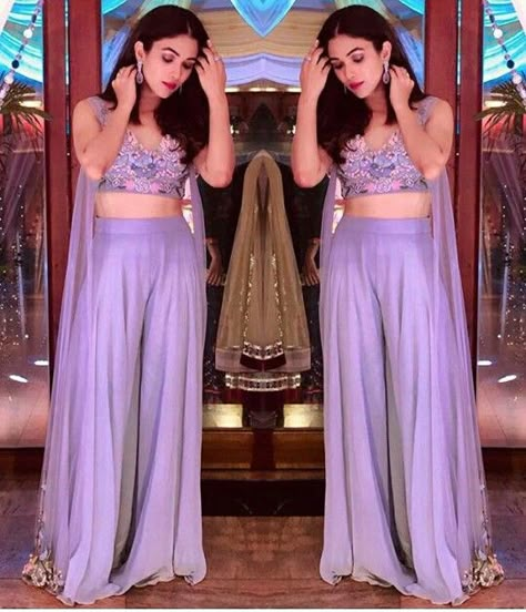 Lavender Haldi Outfit, Lavender Mehendi Outfit, Plazzo With Crop Top Fashion Wedding, Crop Top Palazzo With Jacket For Wedding, Lavender Traditional Outfits, Sharara Models, Bellbottom Dress, Crop Top And Palazzo Pants Indian, Roka Suits