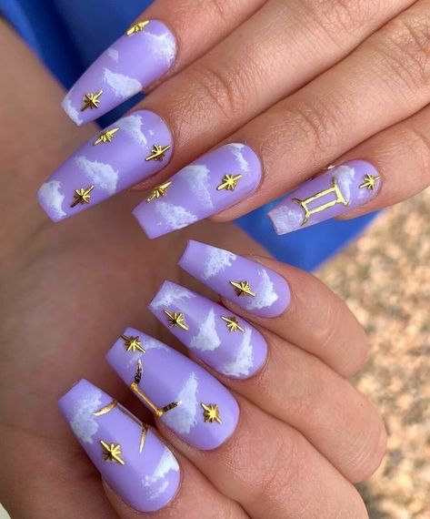 Purple And Gold Nails, Gemini Nails, Witchy Nails, Purple Acrylic Nails, Edgy Nails, Grunge Nails, Her Nails, Simple Acrylic Nails, Long Acrylic Nails Coffin