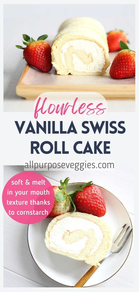 This Vanilla Swiss Roll cake is insanely soft and surprisingly light - sure to satisfy even your sweetest cravings! Inspired by the Japanese roll cake recipes that use cornstarch instead of cake flour, this gluten-free dessert has an airy and delicate crumb that practically melts in your mouth. #rollcake #swissroll #glutenfreecake #japaneserollcake #vanillaswissroll Soft Gluten Free Desserts, Vegan Cake Roll Recipes, Gluten Free Cake Roll, Gluten Free Swiss Roll Cake, Gluten Free Roll Cake, Quick And Easy Gluten Free Desserts 3 Ingredients, Japanese Gluten Free Recipes, Gluten Free Swiss Roll, Vanilla Swiss Roll