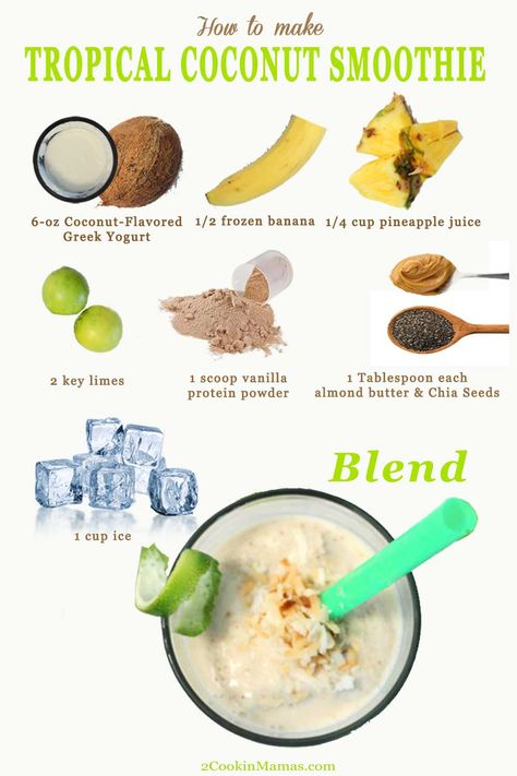 Our Tropical Coconut Smoothie is an energy boosting, healthy smoothie with all the flavors of the islands. Think coconut, pineapple, banana & limes. And all it takes is 5 minutes! Yum! #smoothie #tropical #healthy #breakfast #coconutsmoothie #recipe #yogurt #banana #pineapple #lime via @2CookinMamas Pineapple Smoothie Healthy, Pineapple Coconut Smoothie, Yogurt Banana, Banana Apple Smoothie, Greek Yogurt Flavors, Recipe For Teens, Snack Prep, Christmas Recipes Appetizers, Coconut Smoothie