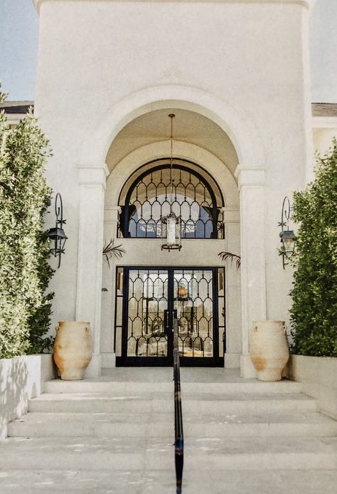 Main Door Design Entrance Mediterranean, French Chateau Front Door, Grand Front Door Entrance, Gallery Facade, Arc Window, Mansion Entrance, Transitional Architecture, House Entrance Doors, Luxury Houses Entrance