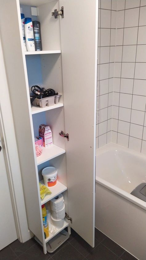 4 tall bathroom cabinet IKEA hacks, so useful in small bathrooms Small Bathroom Tall Cabinet, Clever Bathroom Storage Ikea Uk, Cabinet In Small Bathroom, Tall Bathroom Shelves, Ikea Bathroom Hacks Storage, Pax Bathroom Storage, Ikea Under Sink Storage Bathroom, Small Bathroom Cupboard Ideas, Small Narrow Bathroom Storage Ideas