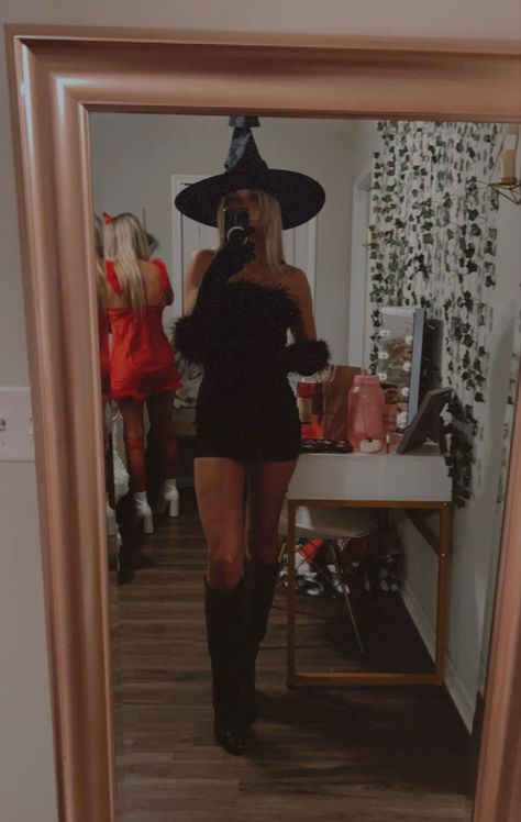 #halloween #halloweencostume #college #halloweenideas #costumeidea #witch Easy Halloween Customes For Women, College Witch Costume, Hot Black Halloween Costumes, Witch Costume Inspiration, Black Knee High Boots Halloween Costume, Fairy's Halloween Costumes, Woman's Costume Ideas, Halloween Y2k Costumes, Witch Inspo Halloween