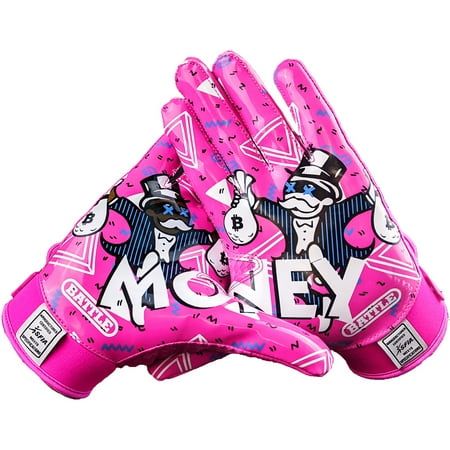 The Battle Sports Money Man Football Receiver Gloves are made for football players who play hard and keep reaching. That's why Battle has designed them with newly reinforced stitching and wear points. These gloves are made with PerfectFit breathable material and an Ultra-Stick palm that takes you right to the legal stick limit. The proof is in your hands. Adult size gloves Ultra-Stick offers highest quality tackified material in the industry PerfectFit material for the ultimate in comfort, breathability and performance Limited edition design Wrist allows for freedom of motion Hook and loop closure wrist-strap for a snug fit Meets NFHS/NCAA/NOCSAE standards Reinforced stitching at weak points Size: One Size.  Color: Pink. Football Stuff, Custom Football Gloves, Flag Football Gloves, Football Goalkeeper Gloves, American Football Gloves, Casual Sporty Outfits, Football Accessories, Football Gloves, Workout Gloves