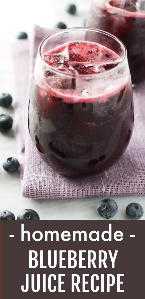 Learn how to make cold-pressed Blueberry Juice without a juicer in just a few steps. Perfect for sipping straight or adding to smoothies. You can use fresh seasonal blueberries or a bag of frozen blueberries, which are always in season. This healthy blueberry juice recipe is quick and easy. Canning Blueberry Juice, Best Blueberry Smoothie Recipes, Cold Pressed Fruit Juice Recipes, Blueberry Drinks Healthy, Blueberry Juice Recipe Healthy, Homemade Fruit Juice Recipes, Blueberry Juicing Recipes, Frozen Blueberries Recipes, Juicing Grapes