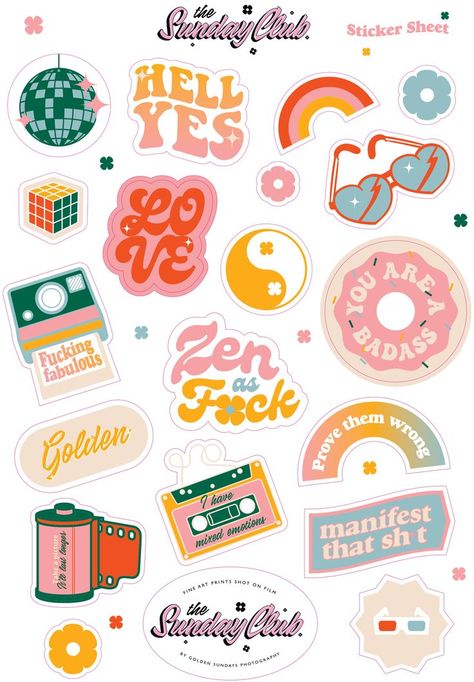 Retro Sticker Design, Retro Stickers Printable, Retro Stickers Aesthetic, Typographic Stickers, Food Sticker Design, Packaging Sticker Design, Retro Decals, Couch Aesthetic, Festival Stickers