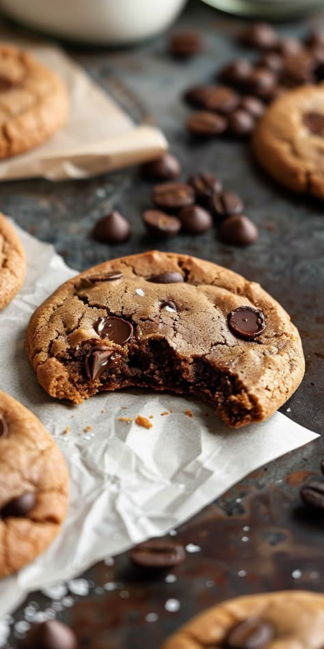 Chocolate Chip Espresso Cookies – Chasety Chocolate Chip Cookie Food Photography, Creative Cookies Photography, Chocolate Chip Cookie Photography, Baking Photography Ideas, Cookies Photography Ideas Inspiration, Cookie Product Photography, Cookie Photography Ideas, Aesthetic Desserts Photography, Crumble Photography