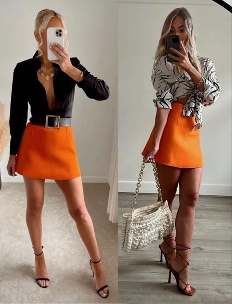 Neon Orange Skirt Outfit, Orange Mini Skirt Outfit Summer, Orange Leather Skirt Outfit, Rust Orange Skirt Outfit, Short Orange Skirt Outfit, Orange Skirt Outfit Summer, Orange Skirt Outfit Ideas, Orange Mini Skirt Outfit, Mini Pleated Skirt Outfit