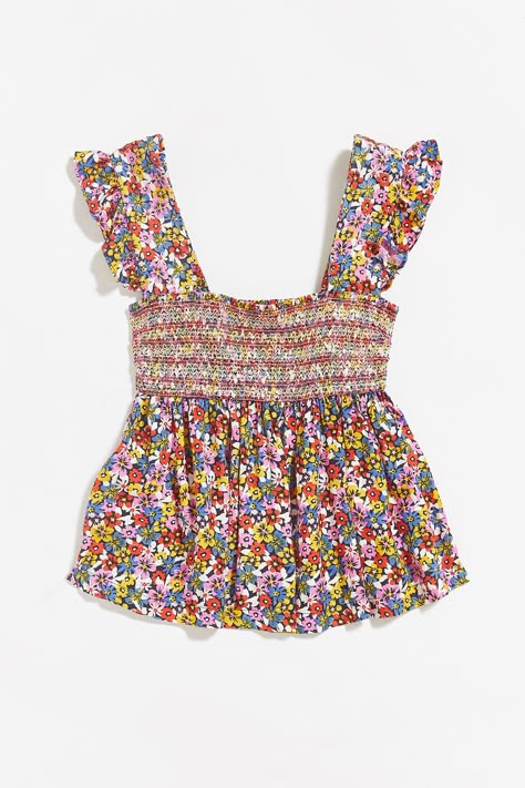 UO Charlotte Smocked Ruffle Babydoll Top | Urban Outfitters Urban Outfitters Top Outfit, Urban Outfiters, Urban Outfitters Shirt, Urban Outfitters Top, Outfits For School, Cute Outfits For School, Babydoll Top, Clothing Essentials, Vintage Style Outfits