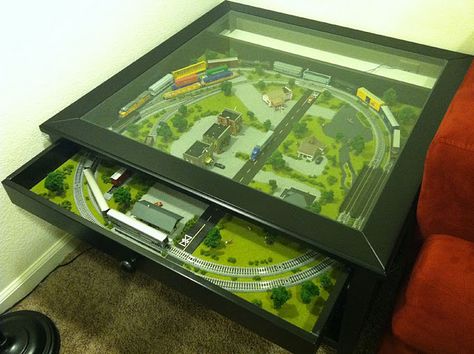 Liatorp coffee table with glass top and pull out drawer that was modified to include an N scale model train set. Liatorp Coffee Table, Shadow Box Coffee Table, Ikea Coffee Table, Model Train Table, Model Training, N Scale Model Trains, Model Train Accessories, Ikea Table, Hobby Trains