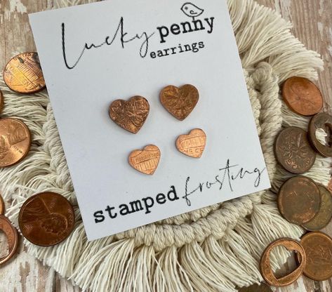 Wear a little luck with these penny studs. I have cut out heart shapes - available in two sizes - out of old pennies.  Pennies are attached to stainless steel earring posts. Penny Earrings, Penny Crafts, Penny Jewelry, Lucky Earrings, Stamped Earrings, Stamped Spoons, Sale Ideas, Ornament Exchange, Lucky Penny