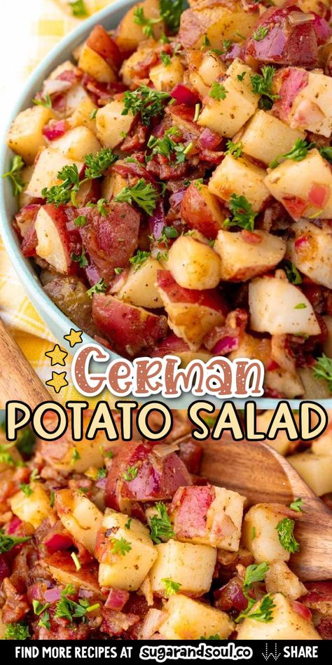 German Potato Salad is loaded with bacon, tender potatoes, red onion, dijon mustard, and more for a summer side dish that will disappear fast at any gathering! via @sugarandsoulco German Potato Recipes, German Potato Salad Recipe, German Food Authentic, Red Potato Recipes, German Potato, German Potatoes, Summer Side Dish, German Potato Salad, Potato Recipes Side Dishes