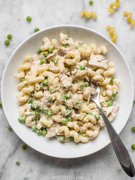 This quick and comforting Creamy Tuna Pasta with Peas and Parmesan is a fast and easy weeknight dinner that only requires a few simple ingredients. Budgetbytes.com Fridge Healthy, Best Italian Dishes, Creamy Tuna Pasta, Pasta With Peas, Resep Pasta, Pasta With Chicken, Pasta Puttanesca, Tuna Salad Pasta, Pasta Cremosa