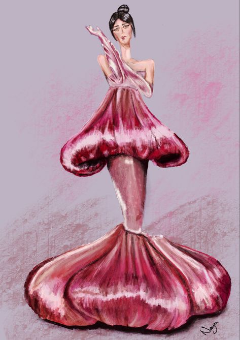 pink and red dress pink dress red dress poofy big dress jellyfish dress Fashion Inspired By Sea Creatures, Jellyfish Inspired Dresses, Jellyfish Fashion Design, Jellyfish Fashion Inspiration, Jellyfish Inspired Dress, Jellyfish Dress Drawing, Poofy Dress Drawing Reference, Jellyfish Dress Fashion, Fish Inspired Dress