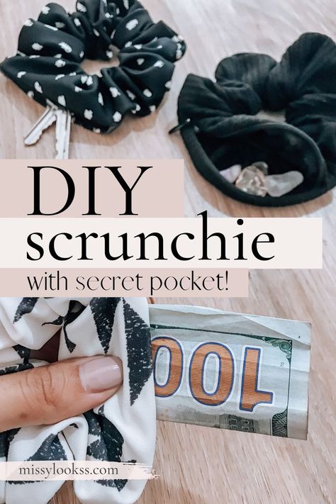 Diy Stash Scrunchie, Secret Pocket Diy, Hand Sewn Scrunchie, Scrunchie With Zipper, Large Scrunchies Diy, Wedding Sewing Projects, Scrunchie Keychain Diy, Sew Scrunchie Tutorials, Sewing Accessories To Make