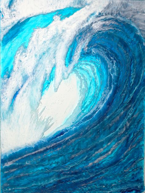 Alcohol Ink Ocean, Acrylic Ocean Painting, Draw Waves, Shattered Glass Art, Diy Alcohol Ink, Acrylic Ocean, Sea Glass Pictures, Resin And Alcohol Ink, Diy Alcohol