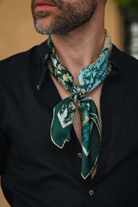 Inspired by Naples' ancient history and scenic beauty, this scarf showcases timeless artistry and handmade excellence, enhancing your style with Italian sophistication. The classic neckerchief size: Approx. 27" x 27". A comfortably large size that fits most men, unlike smaller bandanas. 100% silk twill: A soft, silky fabric traditionally used in men's tailoring for its look and its drape. Characterized by a diagonal weave which makes it very durable. Hand rolled hems: For the ultimate in luxury Suits With Scarf Mens Fashion, Mens Silk Scarf, Men Summer Scarf, Mens Silk Scarf Outfit, Scarf Men Style, Mens Bandana, Scarf For Men, Neckerchief Men, Bandana Fashion