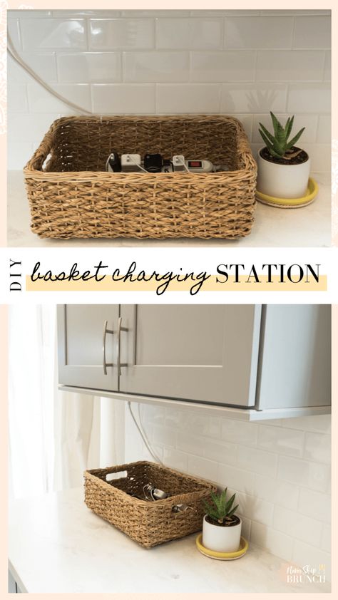 basket charging station | basket charging station storage | charging station ideas | charging station ideas diy | never skip brunch by cara newhart #decor #organization #neverskipbrunch Phone Basket Ideas, Small Charging Station Ideas, Closet Charging Station, Charging Basket Diy, Dyson Charging Station Ideas, Charging Area In Home, Electronics Station Ideas, Phone Charger Station Ideas, Charging Station Living Room