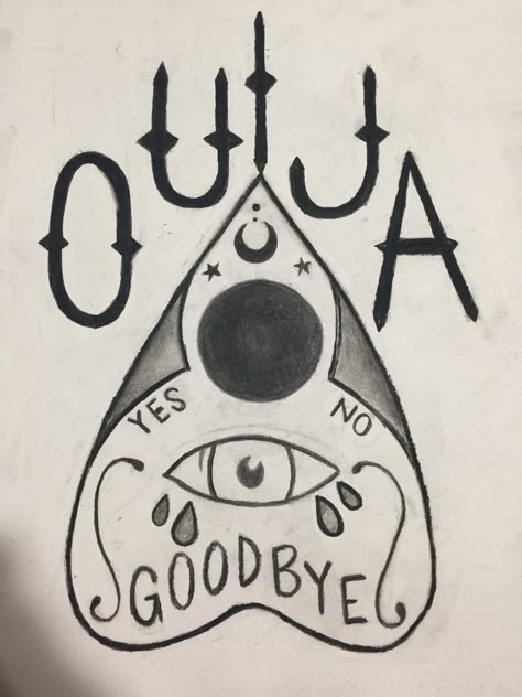 Ouija Planchette Charcoal 😍  #ouija #witch #charcoal Witchcraft Drawing Ideas, Witchy Drawings Easy, Ouija Board Drawing Ideas, Ouji Board Drawing, Ouija Board Drawing, Planchette Tattoo Simple, Goth Painting Ideas On Canvas, Ouji Board Tattoo, Planchette Drawing