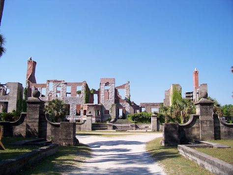 Cumberland Island, GA Cumberland Island lies off the coast of Georgia and is the largest of the State’s barrier islands at just under 18 miles in length.  Virtually no one lives on the island all year round these days but at the southern end of the island you will find Dungeness, once owned by the famously rich Carnegie family.  The house is now in ruins but perhaps if you listen closely you might hear the strains of a ghostly Charlston. Island Packing List, Plot Prompts, Cumberland Island, Georgia Coast, Abandoned Mansions, Tybee Island, Art And Science, The Ruins, Haunted Places