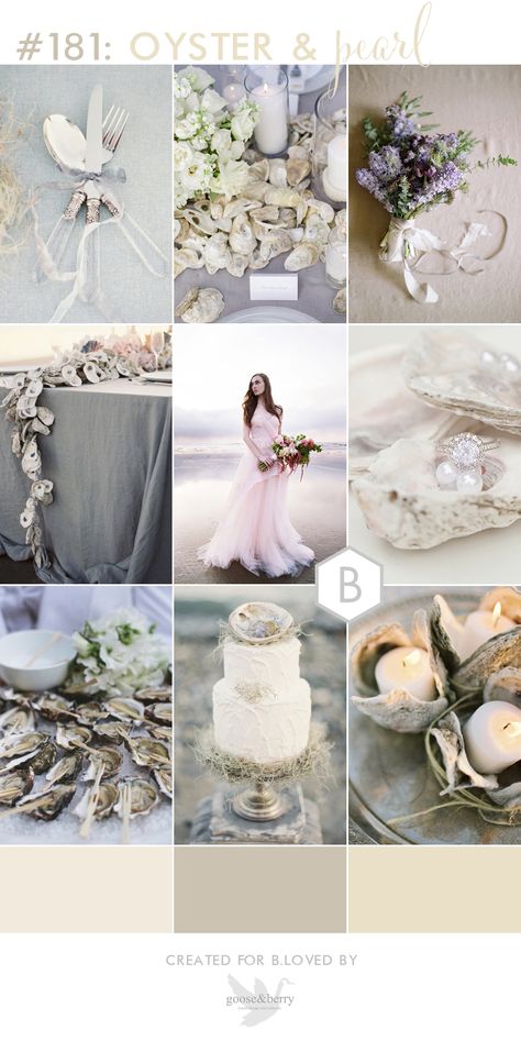 White And Grey Wedding Theme, Neutral Beach Wedding, Wedding Color Swatches, Pearl Wedding Theme, White And Grey Wedding, Oyster Wedding, Oyster And Pearl, Oyster Roast, Tie The Knot Wedding