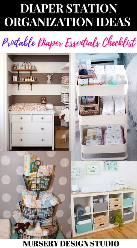 Changing station organization ideas | We are talking about smart diaper station organization ideas ,how to organize the changing table, diaper station organization hacks and give you printable checklist of  diapering essentials you'll need to change baby's diaper #diapering #nurseryorganization Changing Station Organization, Nursery Organization Ideas, Diaper Station, Newborn Checklist, Newborn Baby Needs, Diapering Essentials, Diaper Changing Station, Baby Dresser, Diaper Organization