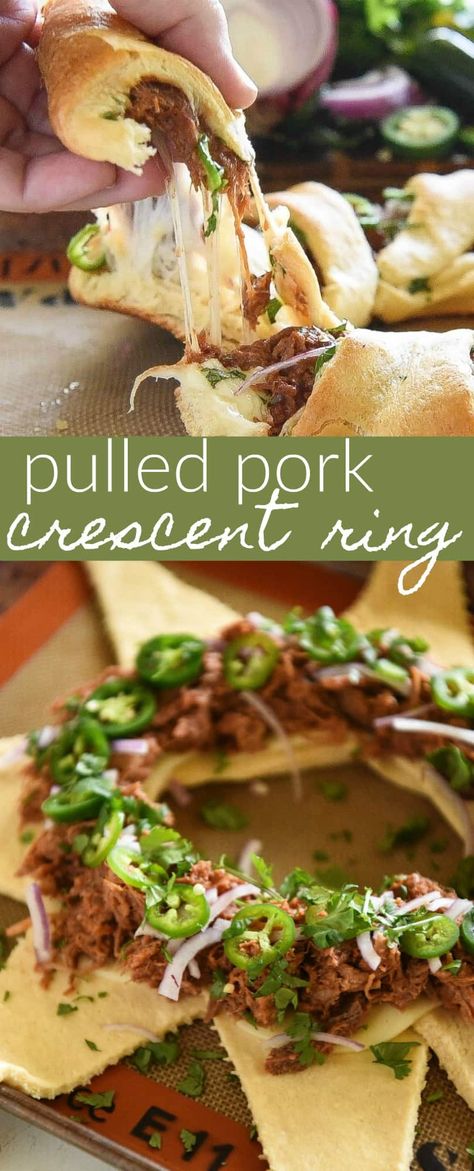 Pulled Pork Crescent Ring - this is my most requested appetizer and it's so EASY to make! #BBQ #Appetizer Pulled Pork Appetizer, Crescent Roll Ring Recipes, Crescent Ring Recipes, The Novice Chef, Novice Chef, Crescent Recipes, Crescent Ring, Game Day Appetizers, Crescent Roll Recipes