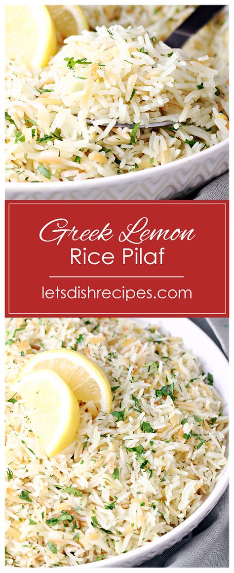 Luna Grill Rice Recipe, Greek Style Rice Pilaf, Lemon Rice Pilaf Recipe, Greek Lemon Rice Pilaf, Greek Rice Pilaf Recipe, Oven Rice Pilaf, Mediterranean Rice Pilaf, Greek Side Dishes Vegetables, Greek Pilaf