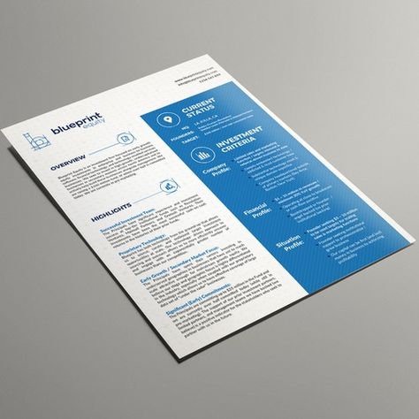 Technology investment firm needs attractive one-pager to share with investors! Postcard, flyer or print contest design#postcard#flyer#picked One Pager Design Creative, One Pager Layout, One Pager Design Layout, Paper Layout Design, One Pager Design, Powerpoint Designs, One Pager, Paper Layout, Pamphlet Design