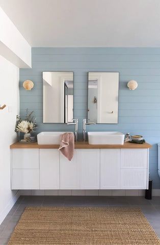 Achieving a Coastal & Beachy Look with Brushed Nickel Tapware Duck Egg Blue Bathroom, Blue Feature Wall, Bathroom Tour, Barwon Heads, Shell Lights, Blue Bathroom Walls, Light Blue Bathroom, Second Bathroom, Tranquil Bathroom