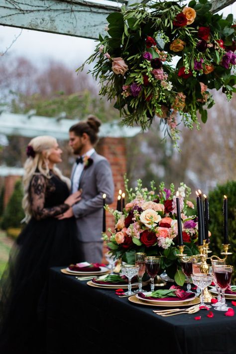 Southern Gothic Wedding, 10 Year Vow Renewal, Renewal Wedding, Chair Decor, Tablescape Ideas, Anniversary Photoshoot, Dark Wedding, Wedding Black, Southern Gothic