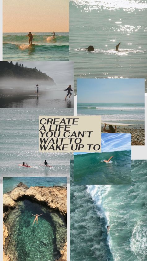 Beach Life Aesthetic Wallpaper, Ocean Living Aesthetic, Surfer Mood Board, Ocean Aesthetic Collage, Beach Aesthetic Wallpaper Collage, Collage With Quotes, Ocean Quotes Aesthetic, Beach Vision Board, Aesthetic Pictures Collage