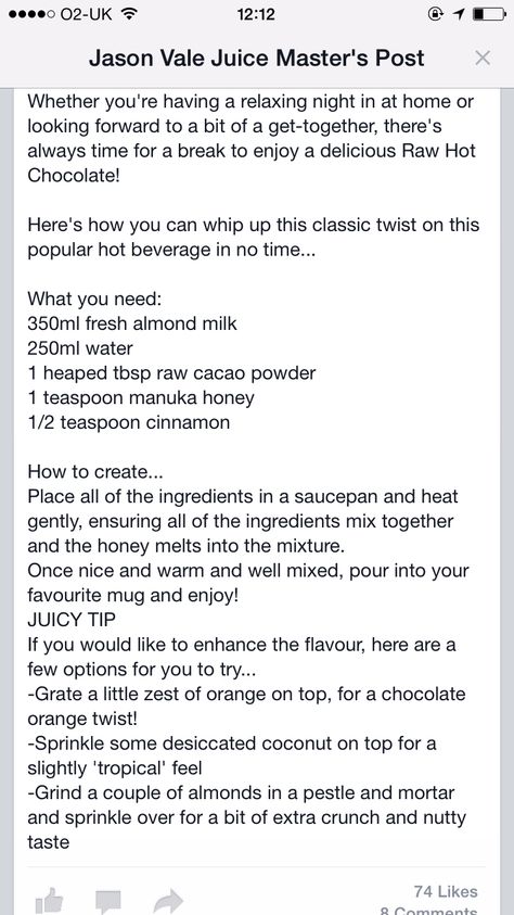 Jason Vale raw hot chocolate Juice Master Recipes Jason Vale, Jason Vale Juice Recipes, Jason Vale, Juice Smoothies Recipes, Juicy Juice, Smoothies Recipes, Juice Diet, Juice Recipes, Detox Juice