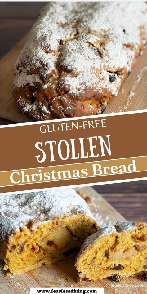 This homemade gluten free German stollen is full of Christmas flavors. For those who are gluten free, missing out on a family traditional recipe might seem disheartening. I am excited to share this new gluten free stollen bread recipe; serve it with breakfast on Christmas morning. Gluten Free Norwegian Recipes, Stollen Bread Recipe, Gluten Free Stollen Recipe, Stolen Bread Recipe, Gluten Free Polish Desserts, Gf Bread Recipes Easy, Gluten Free Sweet Breads, Gluten Free Christmas Bread, Gluten Free German Recipes