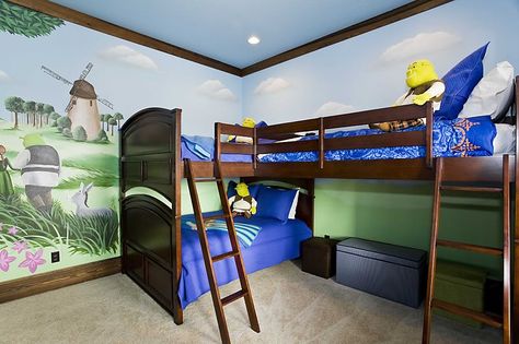 Venture into Shrek's world with this amazing themed bedroom. Come and join the renowned characters including Donkey and Shrek himself offered in Reunion Resort 474's bedroom. Shrek Bedroom, Dorm Planning, 5 Bedroom Villa, Holmes Beach, Florida Destinations, Orlando Vacation, Resort Vacation, Anna Maria Island, Vacation Resorts