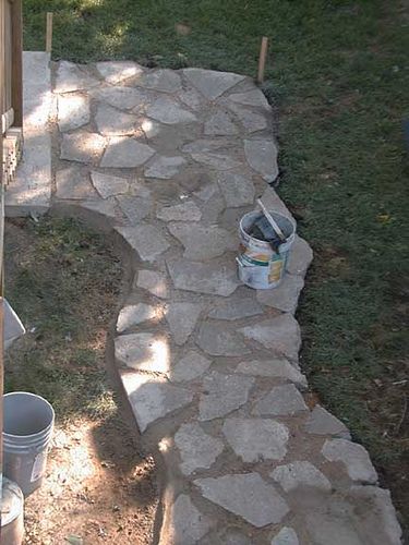 Reclaimed concrete walkway Repurpose Concrete Chunks, Foot Path Ideas Walkways, Repurposed Concrete Chunks, Concrete Edging, Recycled Concrete, Wood Walkway, Broken Concrete, Concrete Walkway, Walkways Paths