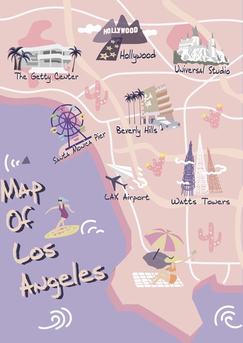 Los Angeles Tourist Map, Los Angeles Illustration, Hollywood Map, Map Of Los Angeles, Watts Towers, Los Angeles Map, Universal Studio, Getty Center, Bujo Ideas