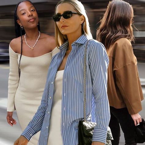 No Seriously, These 6 Elevated Spring Pieces Always Get Me Compliments Pretty Tops, Satin Button Up, Organza Top, Ribbed Maxi Dress, Heavy Sweaters, Pretty Top, Bell Sleeve Sweater, Off Shoulder Sweater, Knit Blazer