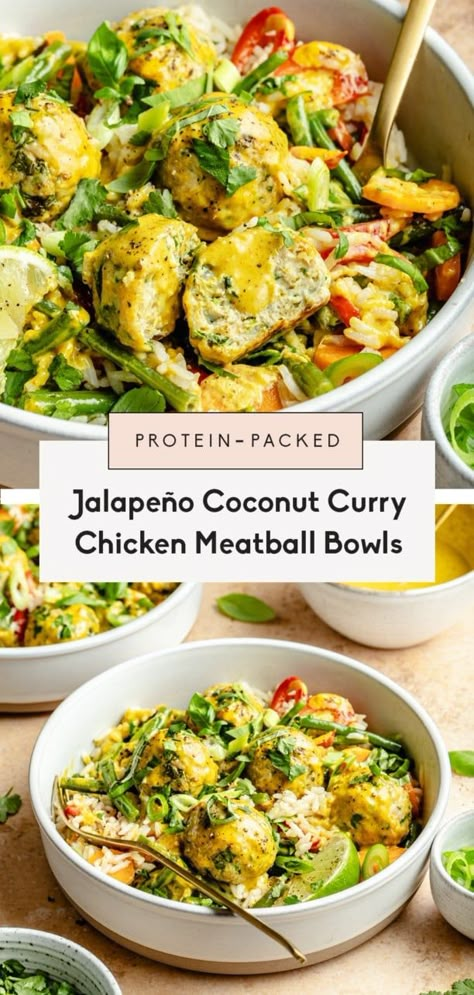 Flavorful jalapeño curry chicken meatballs with gorgeous veggies and a delicious, sweet and savory yellow coconut curry sauce. These protein-packed curry chicken meatball bowls are easy to make for the perfect weeknight meal! Mango Jalapeno Chicken Meatballs, Summer Curry Recipes, Summer Dinner Meal Prep, Chicken Meatball Bowls, Yellow Coconut Curry, Curry Chicken Meatballs, Meatball Bowls, Meatballs Healthy, Chicken Meatball