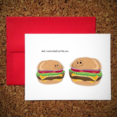 dad i wanna beef just like you. burger and slider fathers day card. meat eater. grill lover. blank inside. hand drawn. perfect for dad. by MonsterCardsbyMV on Etsy Meat Eater, Fathers Day Art, Birthday Card Drawing, Homemade Burgers, Fathers Day Card, Father's Day Diy, Card Drawing, Dad Cards, Fathers Day Cards