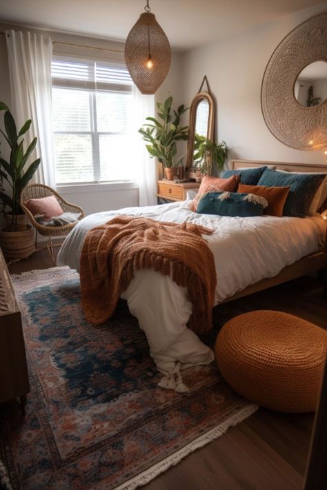 Maximalist Meets Minimalist, Simple Boho Room Ideas, Cozy Maximalism Small Bedroom, Bright Cozy Bedroom, Boho Chic Apartment, Cali Bedroom, Apartment Decorating Boho, Boho Bedroom Aesthetic, Boho Decor Ideas