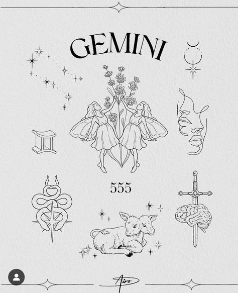 Gemini Angel Tattoo, Creative Gemini Tattoo, Gemini Flash Tattoo, Fine Line Tattoo Gemini, Gemini Fairy Tattoo, Gemini Tattoo Symbols, Tattoo Ideas Female Gemini, Fine Line Gemini Tattoo, Zodiac Flash Tattoo