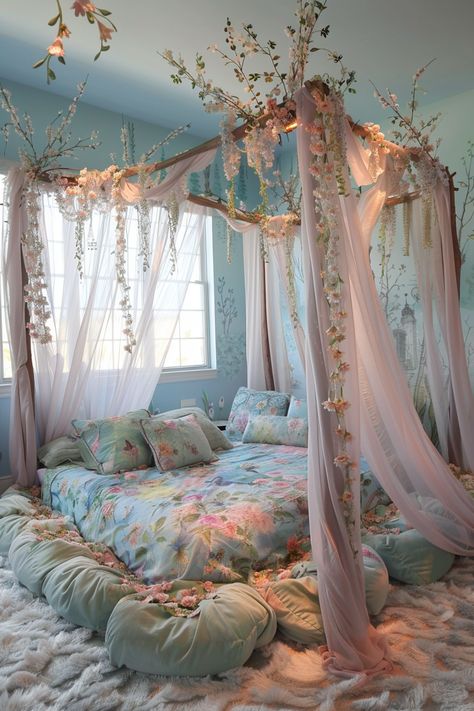 Create Your Dreamy Bedroom Oasis: Whimsical Decor Ideas to Inspire Blue Fantasy Bedroom, Canopy Bed Ideas Aesthetic, Cozy Pastel Bedroom, Dreamy Bedrooms Aesthetic, Coquette Interior, Bedroom Floral Decor, Whimsical Room Decor, Ethereal Bedroom, Hanging Bed Canopy