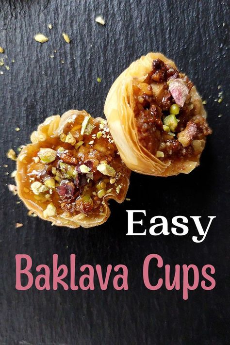 Perfect for entertaining or an anytime snack, these Easy Baklava cups are quick to whip up. A twist on the classic baklava, these are made up of a sweet nut filling inside light flaky layers of phyllo pastry.