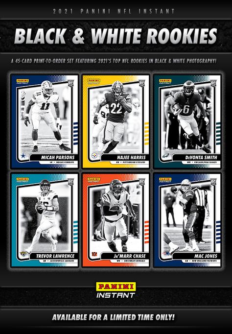 Collect top NFL rookies with 2021 Panini Instant Black & White Rookies Football. Each order includes the entire set. Baseball Card Design, Baseball Card, Sports Card, Football Card, Baseball Card Template, Sports App, Senior Night, 카드 디자인, Football Design