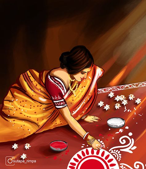 Diwali Painting Ideas Aesthetic Indian, Rangoli Illustration, Bengali Illustration Art, Bengali Art Culture, Laxmi Painting, Female Artwork Illustrations, Bangla Art, Studio Background Ideas, Diwali Painting