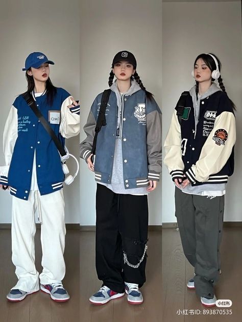 Streetwear Fashion Jacket, Korean Tomboy Style Outfit, China Streetwear, Casual Tomboy Outfits, Japanese Streetwear Women, Unisex Outfits, Tomboy Outfit Ideas, Varsity Jacket Outfit, Boyish Outfits